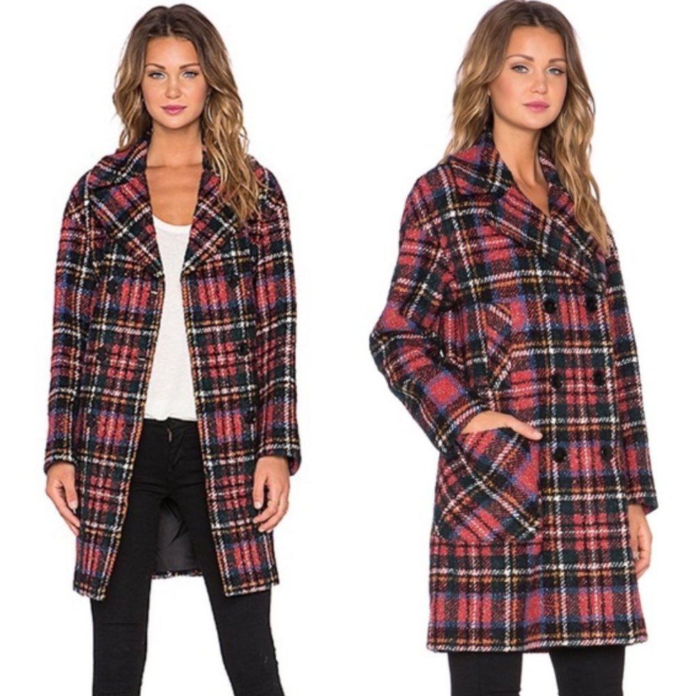 LOVE MOSCHINO Tartan Plaid Tweed Coat